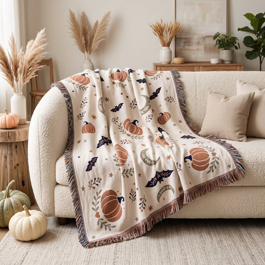 Subtle Spooky neutral Halloween woven blanket draped over a cream boucle sofa
