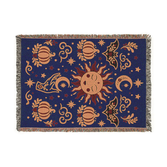 Cosmic Overcommitment celestial sun and moon woven blanket laid flat with fringed edges