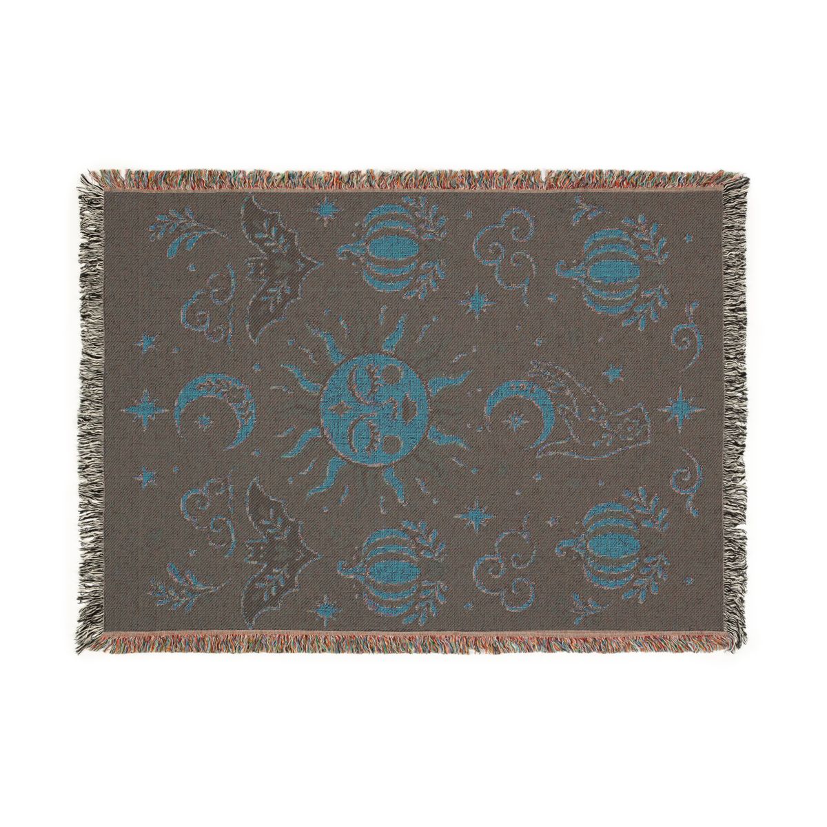 Back of the Cosmic Overcommitment celestial woven blanket showing the reverse side of the weave
