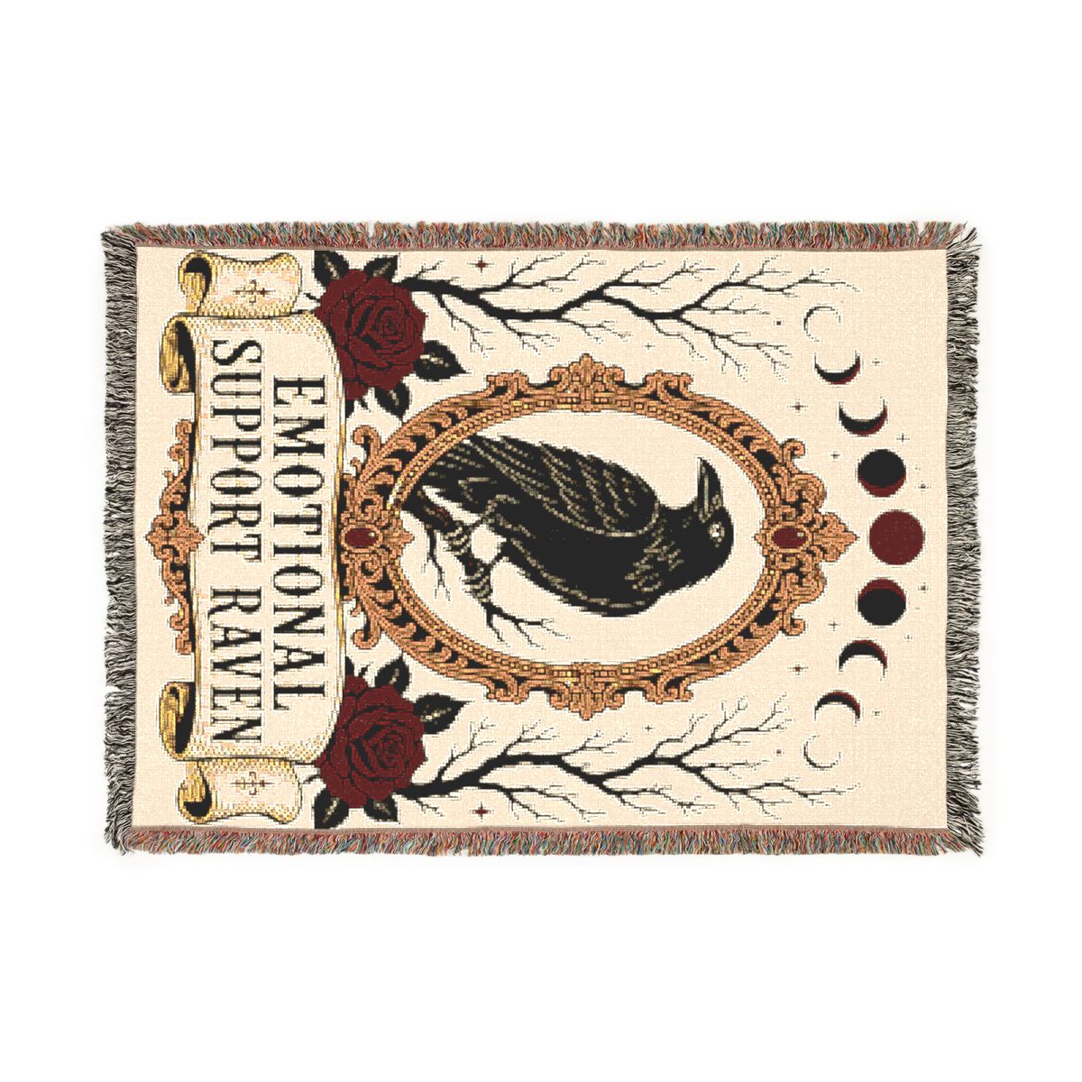 Emotional Support Raven woven blanket laid flat, front view with fringed edges