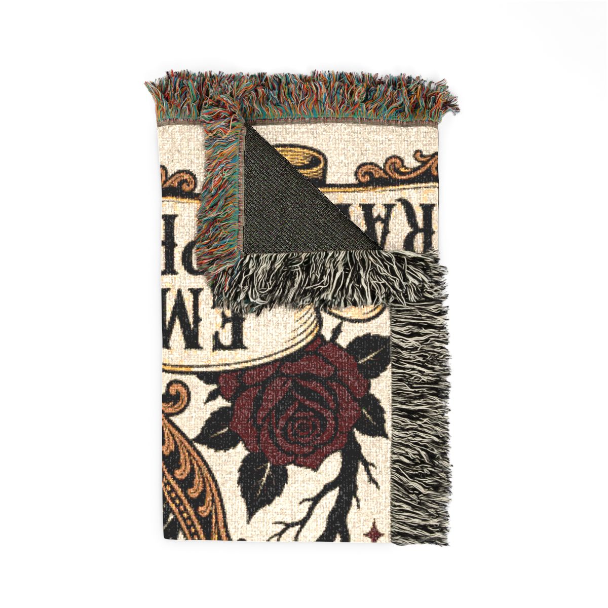 Emotional Support Raven woven blanket folded with one corner turned back to show the dark reverse side
