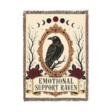 Emotional Support Raven woven tapestry, vertical view with a black raven in an ornate frame, moon phases and roses