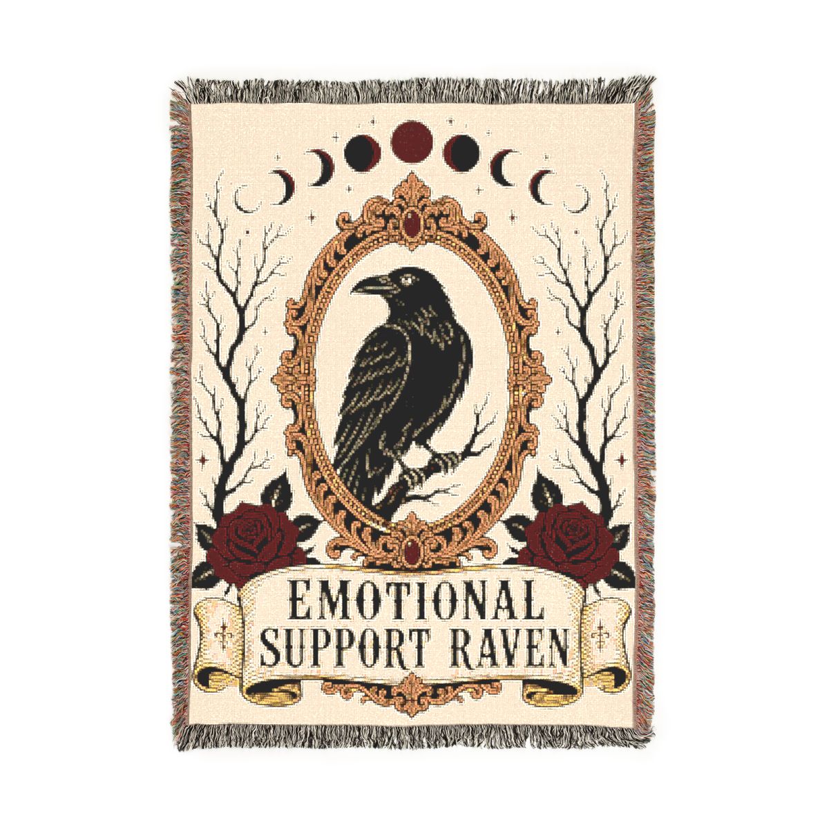 Emotional Support Raven woven tapestry, vertical view with a black raven in an ornate frame, moon phases and roses