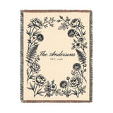 Black personalized family name woven blanket, 60 x 80 in, front view