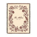 Burgundy personalized family name woven blanket, 60 x 80 in, front view
