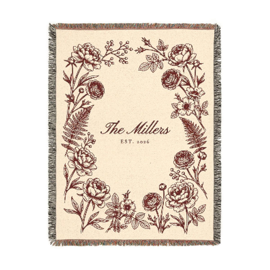 Burgundy personalized family name woven blanket, 60 x 80 in, front view