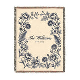 Navy personalized family name woven blanket, 60 x 80 in, front view