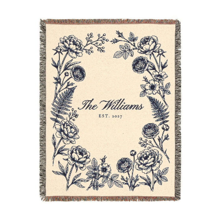 Navy personalized family name woven blanket, 60 x 80 in, front view