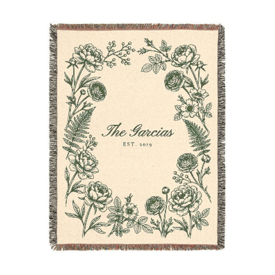 Sage personalized family name woven blanket, 60 x 80 in, front view