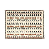 Haunted Heirloom Fair Isle woven blanket, front view of the ghost, black cat and pumpkin pattern with fringe