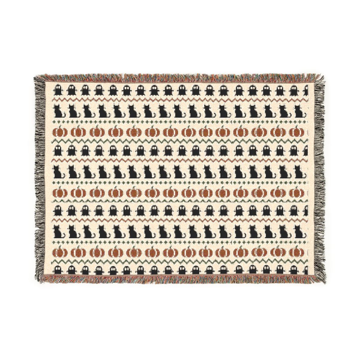 Haunted Heirloom Fair Isle woven blanket, front view of the ghost, black cat and pumpkin pattern with fringe