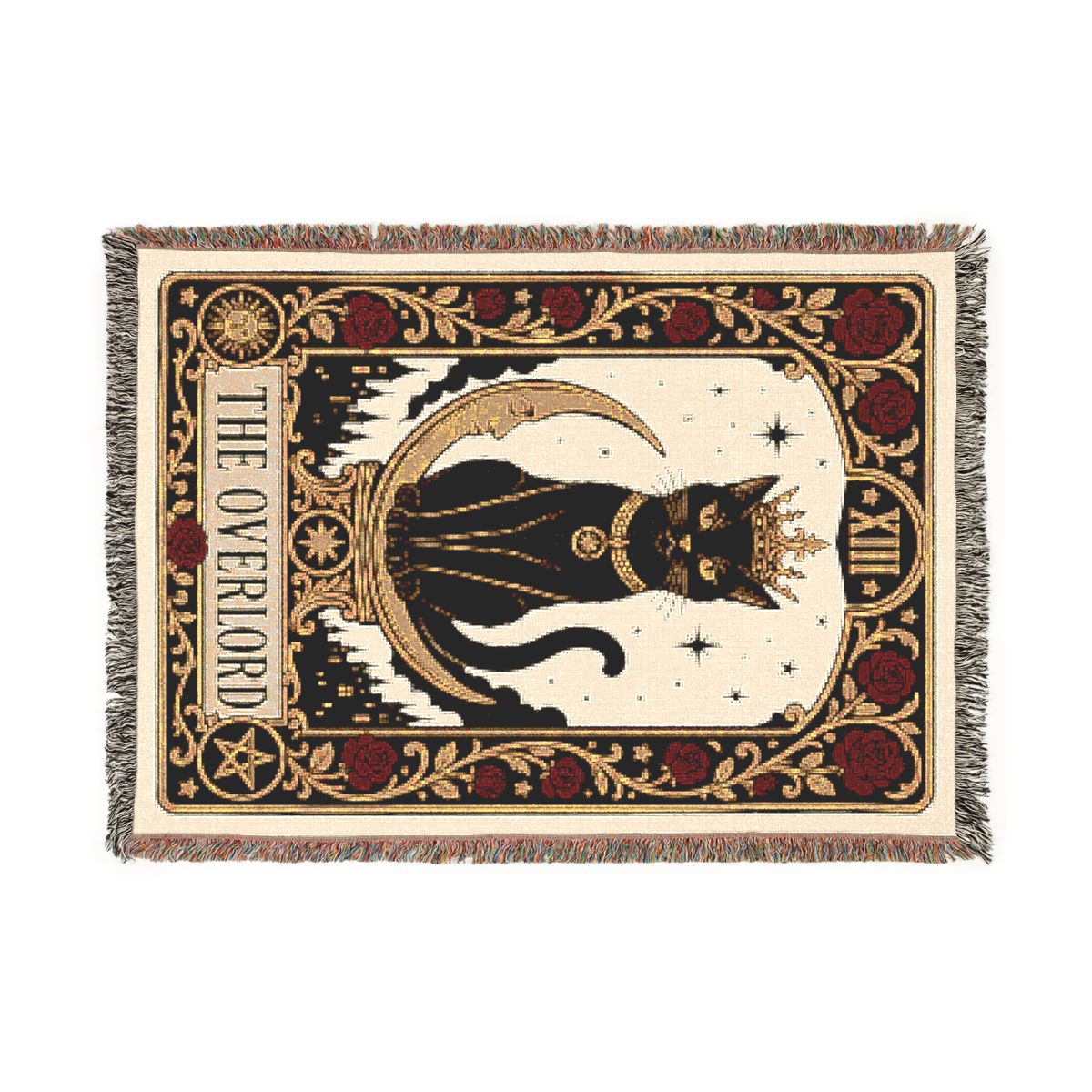 The Overlord black cat tarot woven blanket, front view of the full Card XIII design with gold border and fringe