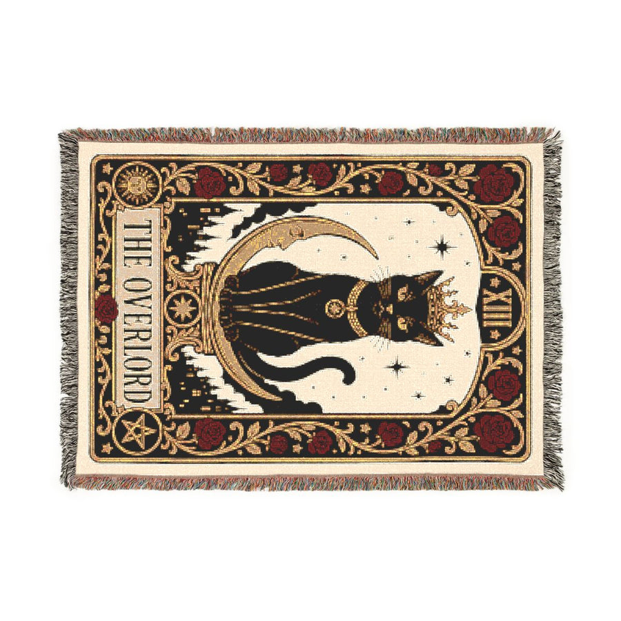 The Overlord black cat tarot woven blanket, front view of the full Card XIII design with gold border and fringe