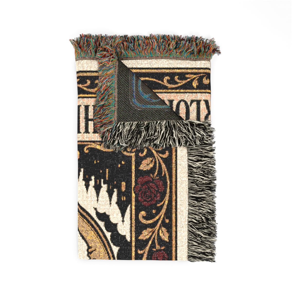 The Overlord woven blanket folded with one corner turned back to show the reverse side