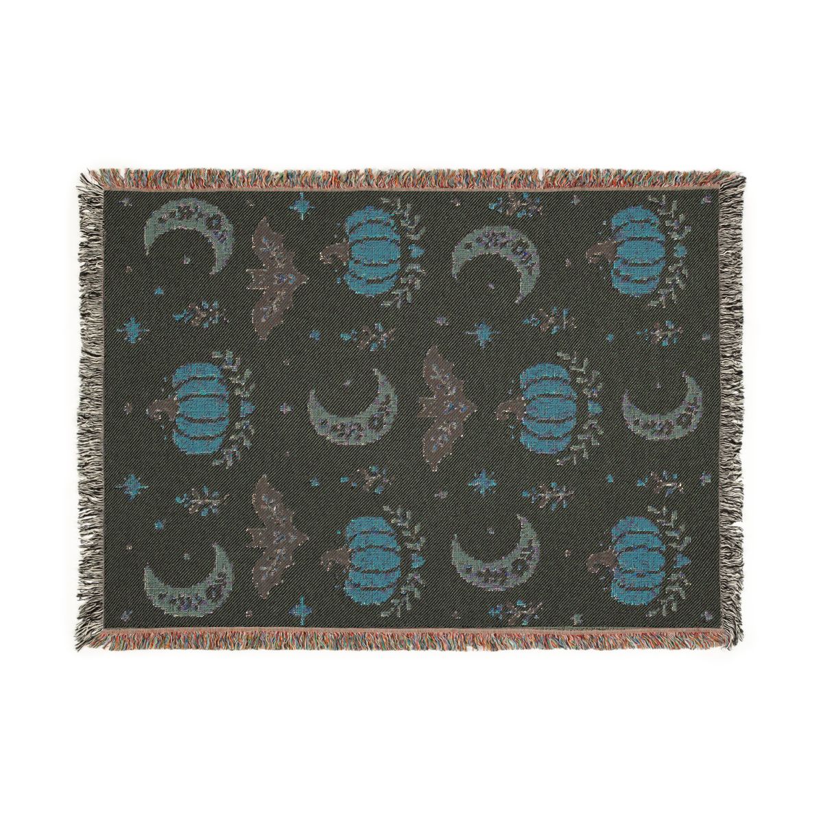 Back of the Subtle Spooky neutral Halloween woven blanket showing the reverse side of the weave