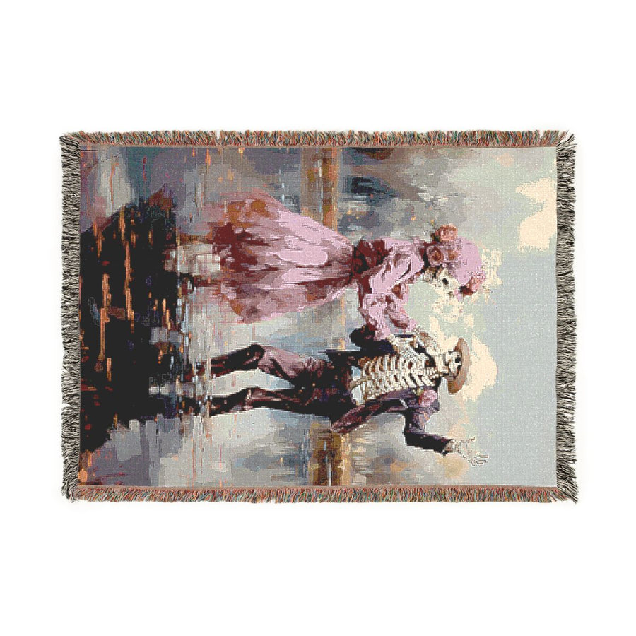 Till Death Do Us Part pink skeleton couple woven blanket laid flat with fringed edges