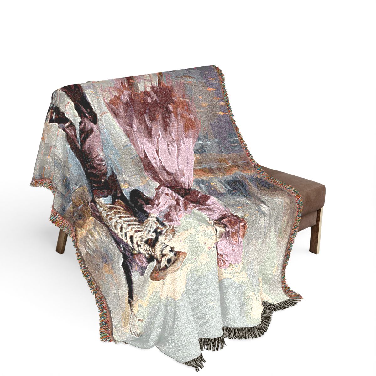 Till Death Do Us Part pink skeleton couple woven blanket draped over a brown chair