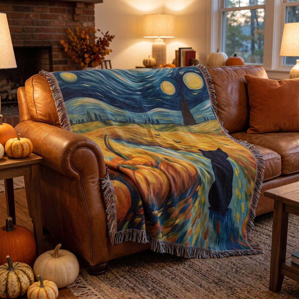 Van Gogh Halloween woven blanket draped over a cognac leather sofa in a cozy autumn living room